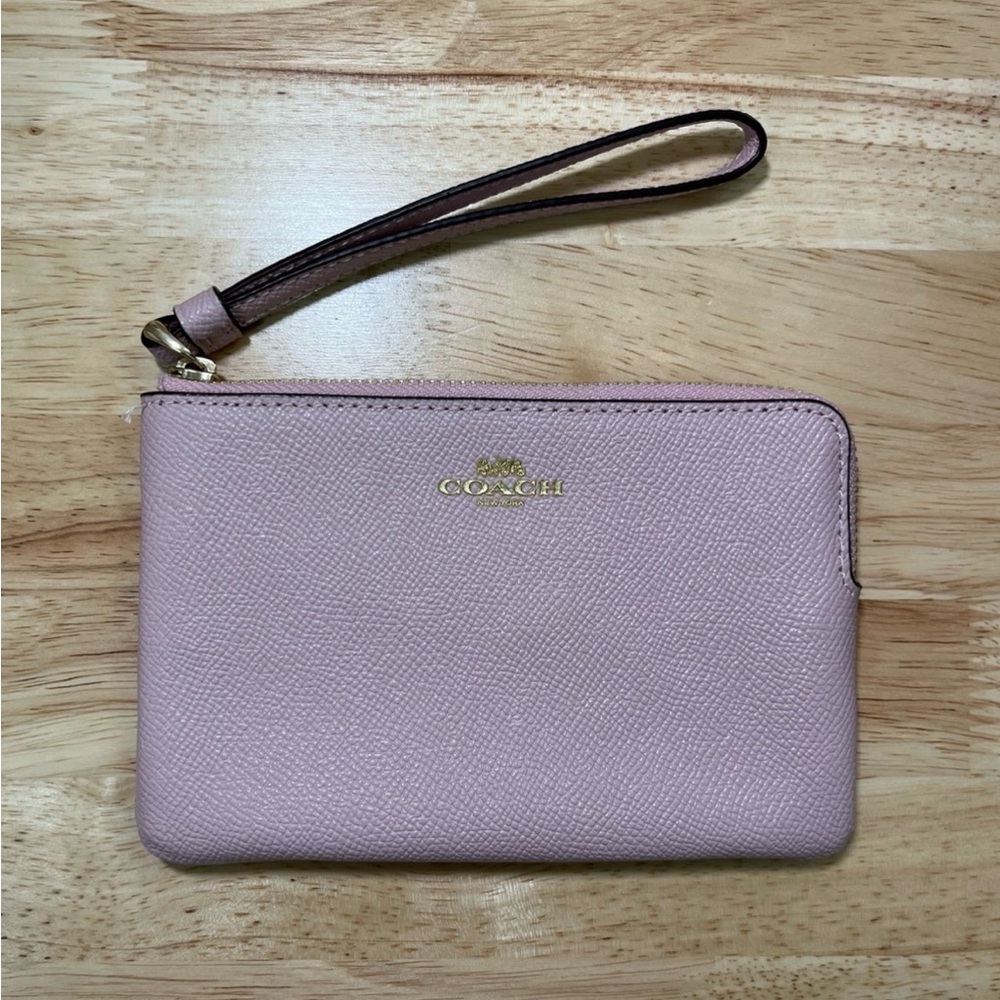 Coach Corner Zip Crossgrain Leather Pink Wristlet Wallet NWOT